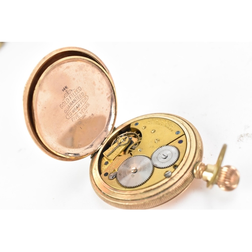 75 - An early 20th century Waltham, full hunter, 14ct gold filled/plated pocket watch, the white enamel w... 