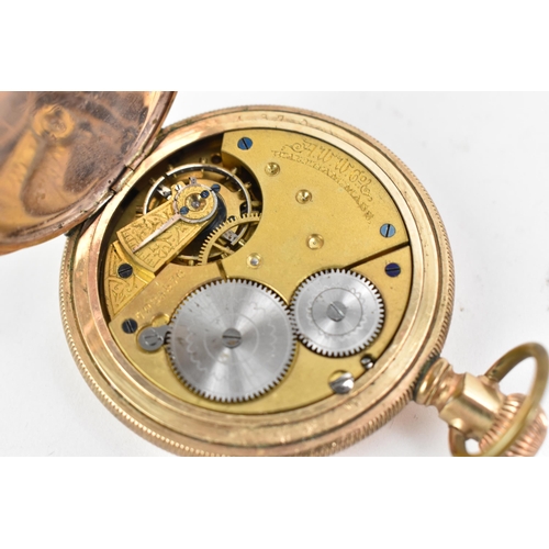 75 - An early 20th century Waltham, full hunter, 14ct gold filled/plated pocket watch, the white enamel w... 