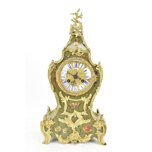 78 - A late 19th century French mantle clock, the ornate case having gilt metal scroll mounts and a flora... 