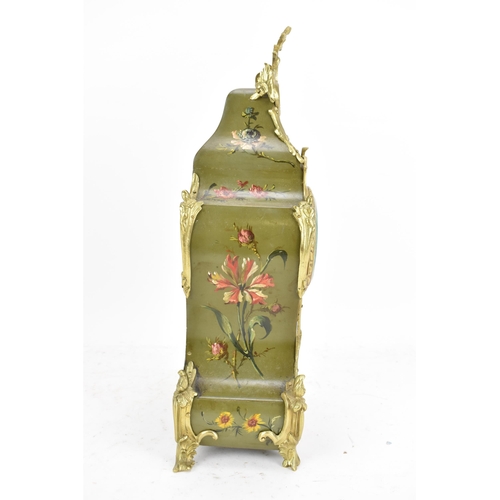 78 - A late 19th century French mantle clock, the ornate case having gilt metal scroll mounts and a flora... 