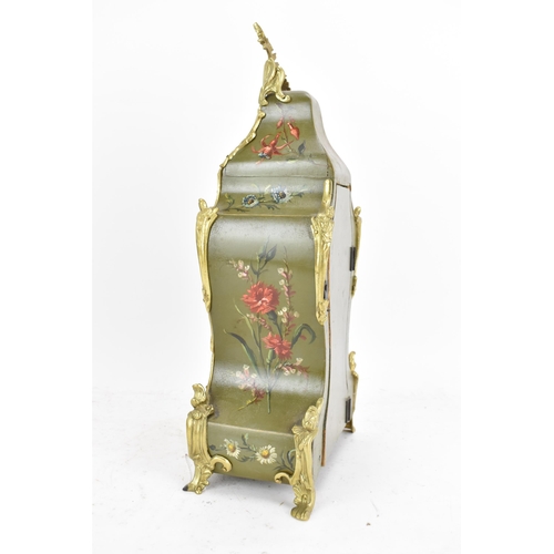 78 - A late 19th century French mantle clock, the ornate case having gilt metal scroll mounts and a flora... 