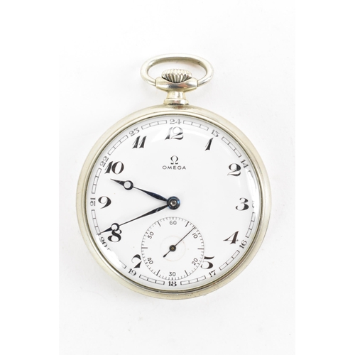 79 - An Omega, stainless steel, open faced, keyless wound pocket watch, circa 1939, the white enamel dial... 