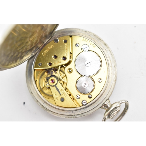 79 - An Omega, stainless steel, open faced, keyless wound pocket watch, circa 1939, the white enamel dial... 