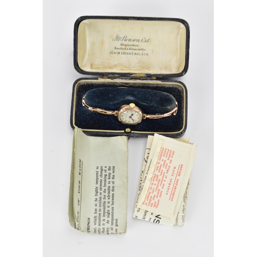 8 - A J.W Benson, manual wind, ladies, 9ct gold wristwatch, circa 1930s, having a silvered dial with Ara... 