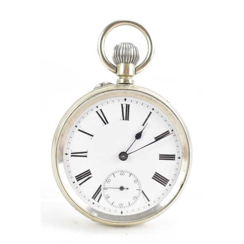 87 - A late 19th/early 20th century, open face, key-less wound pocket watch, the white enamel dial having... 