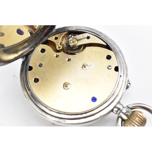 90 - An early 20th century 935 silver, open face, key-less wound Goliath pocket watch with a leather trav... 