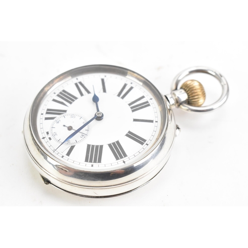 90 - An early 20th century 935 silver, open face, key-less wound Goliath pocket watch with a leather trav... 