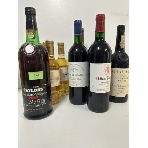 102 - Wine and port to include 2 x Perrin Vacqueyras, 1 x Chateau du Courlat Lussac-Saint Emilion, 1 x Pau... 