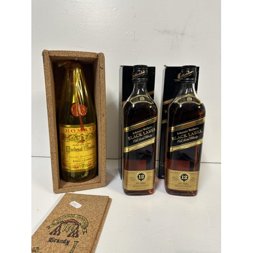 106 - A single bottle of Cardenal Mendoza Brandy and two bottles of Johnnie Walker Black Label Ryder Cup 9... 