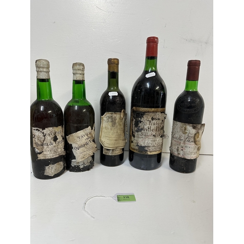 116 - Five bottles to include two bottles of Taylors Vintage 1969 Port, Chateau Giscours Margaux 1976, a 1... 