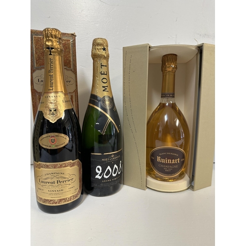 123 - Three bottles of Champagne to include Moet & Chadon 2008, Ruinart Champagne, Laurent Perrier Champag... 