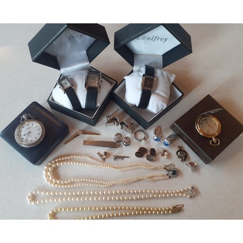 290 - Three Louifrey wristwatches in original boxes, 2 modern pocket watches, a silver and pearl ring, a v... 