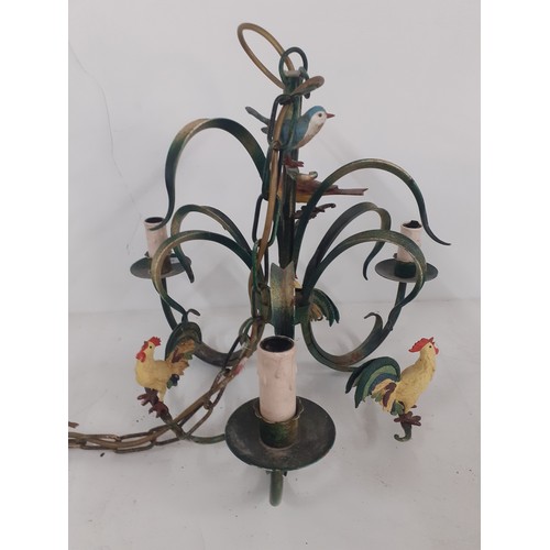 A mid 20th Century green painted metal chandelier with 5 decorative painted and mounted models of birds. Location: A4B