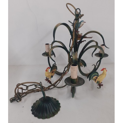 348 - A mid 20th Century green painted metal chandelier with 5 decorative painted and mounted models of bi... 