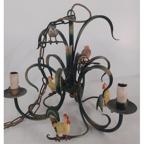 348 - A mid 20th Century green painted metal chandelier with 5 decorative painted and mounted models of bi... 