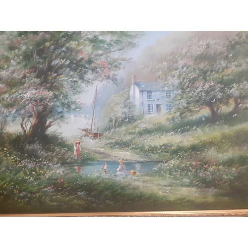 313 - John Dyer-Two oils on canvas depicting children playing by a pond, signed, together with a Bernard B... 