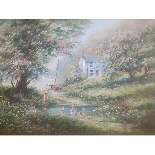 313 - John Dyer-Two oils on canvas depicting children playing by a pond, signed, together with a Bernard B... 