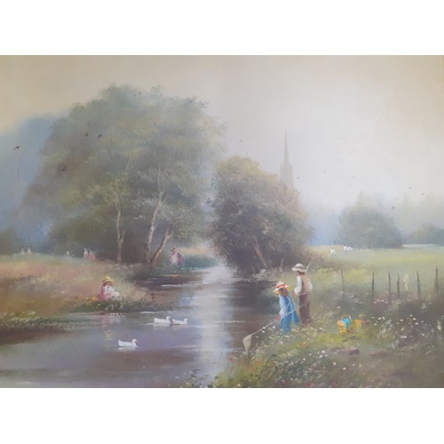 313 - John Dyer-Two oils on canvas depicting children playing by a pond, signed, together with a Bernard B... 