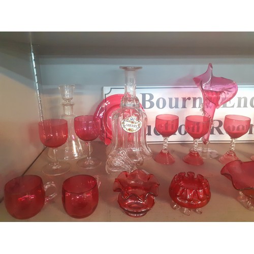 314 - A quantity o 20th Century cranberry glassware together with mixed clear glass decanters and 3 Crown ... 