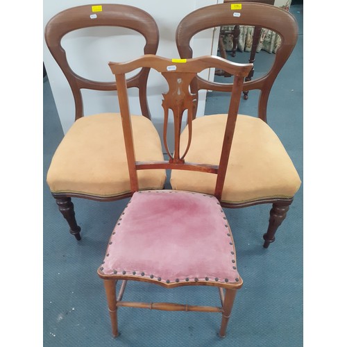 319 - A pair of Victorian balloon back dining chairs with yellow velour upholstered seats together with an... 