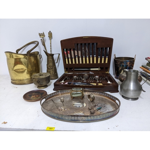 265 - A selection of metalware to include a Thomas Osborne & Co Ltd silver plated cutlery set in a walnut ... 