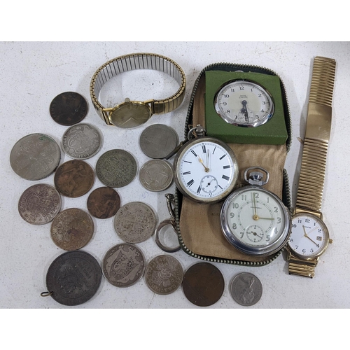 286 - Mixed coins to include a William IV half crown, together with a travel clock, wrist and pocket watch... 