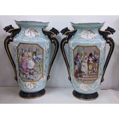 300 - Circa 1900, a pair of twin handled large turquoise glazed vases decorated with scenes of figures, 39... 