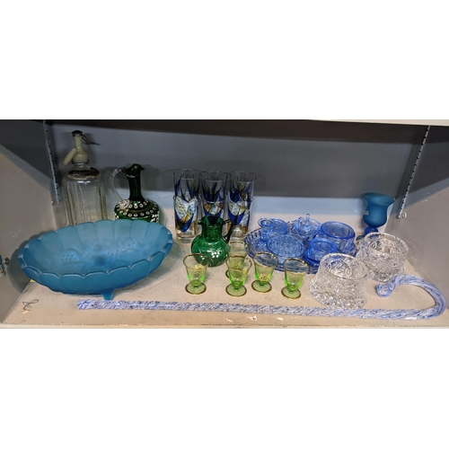 301 - Mixed glassware to include an air twist decorated cane, dressing table set and other items Location:... 