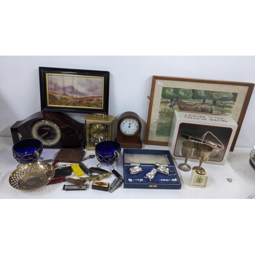 305 - A mixed lot to include a 19th century horn snuff box, penknives, clocks and other items Location:10.... 