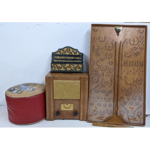 339 - A mixed lot to include a War-Time civilian receiver, Andy-Pandy stool, Bagatrix board and a letter r... 