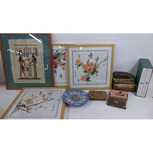 342 - A mixed lot to include a Jasperware clock, mixed books, Chinese silk paintings and an Egyptian silk
... 