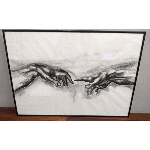 366 - An Andrea Schwinge charcoal/crayon drawing depicting two hands reaching out, measuring 82.5cm x 59.5... 