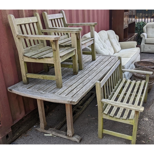 378 - A garden teak table, 75.5cm h x 190cm w, together with a two seater chair two armchairs
Location:LB
... 