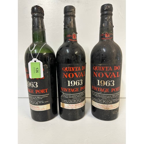 Three bottles of Quinta Do Noval 1963 Vintage A/F, lower shoulder on 1, Lower neck on 2
Location:
If there is no condition report shown, please request