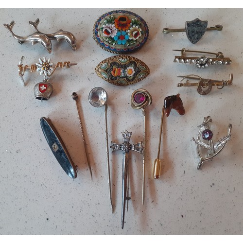 38 - Two micro mosaic brooches, vintage short stemmed hat pins/lapel pins and a small quantity of bar bro... 