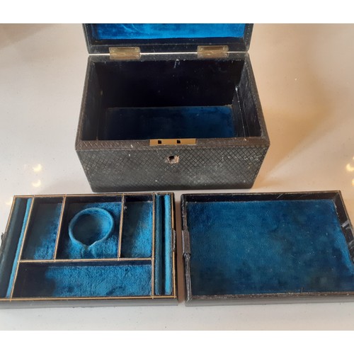 39 - A Victorian leather jewellery box with fitted compartments and contents comprising of vintage silver... 