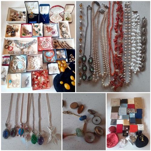 54 - A quantity of vintage costume jewellery to include 2 coral necklaces, shirt studs, mid 20th Century ... 