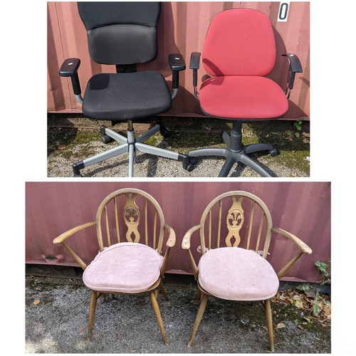 531 - Two office swivel chairs and a pair of mid 20th century Ercol beech stained spindle back armchairs
L... 