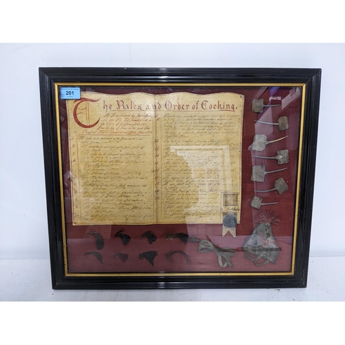 491 - 'The Rules and Order of Cocking', a 20th century framed and glazed montage of Cockfighting souvenirs... 