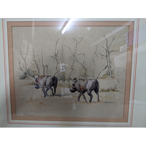 522 - G W Graves - landscape with three buffalo and trees behind, watercolour, signed below mount, 41cm x ... 