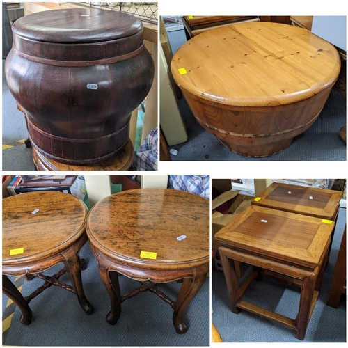 386 - Mixed vintage Chinese furniture to include two pairs of occasional tables, a pine storage pot and a ... 