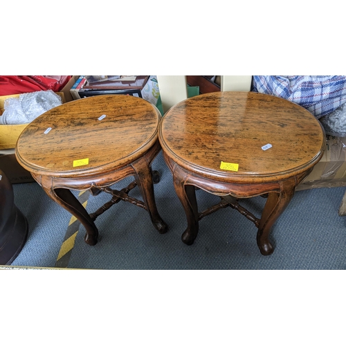 386 - Mixed vintage Chinese furniture to include two pairs of occasional tables, a pine storage pot and a ... 