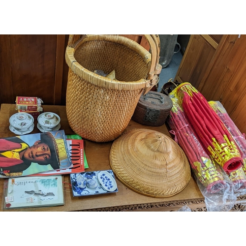 387 - A mixed lot to include two Chinese famille rose bowls and covers, rattan oval basket and other items... 