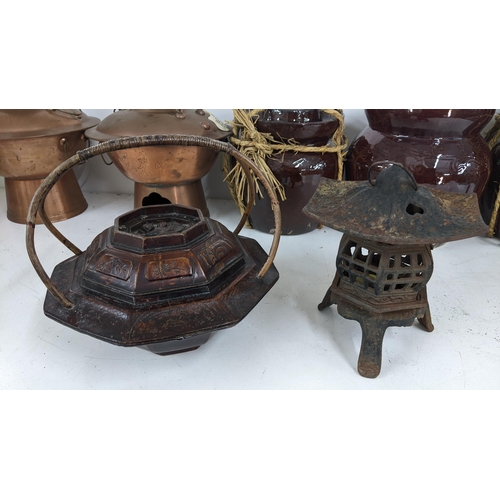 427 - A mixed lot to include two Chinese copper cooking pots, a treen rice pot, lantern and other items
Lo... 