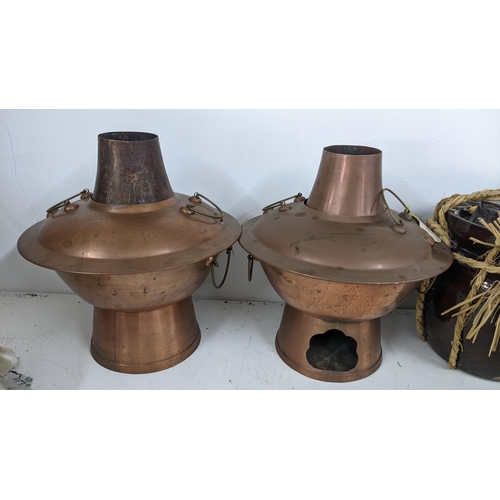 427 - A mixed lot to include two Chinese copper cooking pots, a treen rice pot, lantern and other items
Lo... 