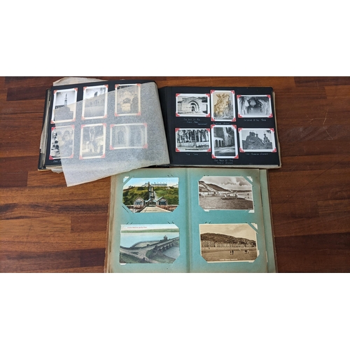 433 - Two vintage albums to include one with postcards from around the UK, and another with photographs, m... 