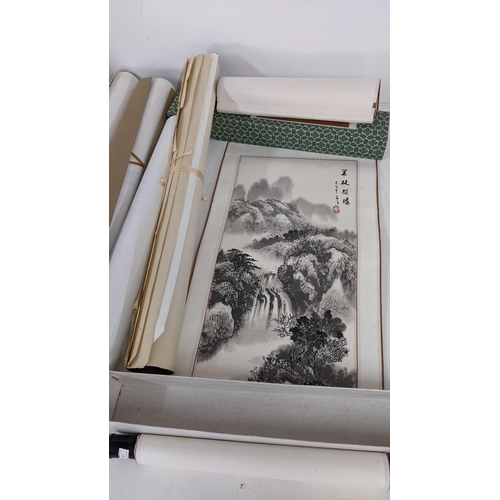 453 - A selection of boxed Chinese scroll paintings and woodblock prints together with mixed posters
Locat... 