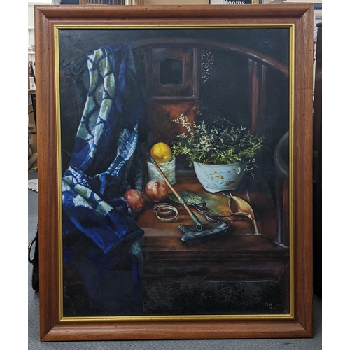 482 - ***THIS LOT HAS BEEN WITHDRAWN***A large oil on canvas depicting a Chinese interior still life, sign... 