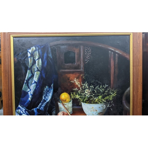 482 - ***THIS LOT HAS BEEN WITHDRAWN***A large oil on canvas depicting a Chinese interior still life, sign... 