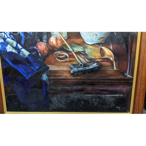 482 - ***THIS LOT HAS BEEN WITHDRAWN***A large oil on canvas depicting a Chinese interior still life, sign... 